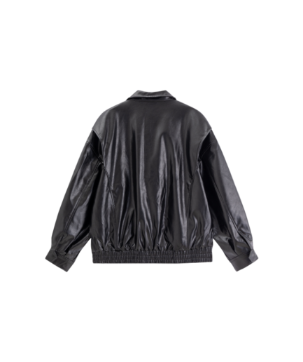 Oversized Black Faux Leather Bomber Jacket