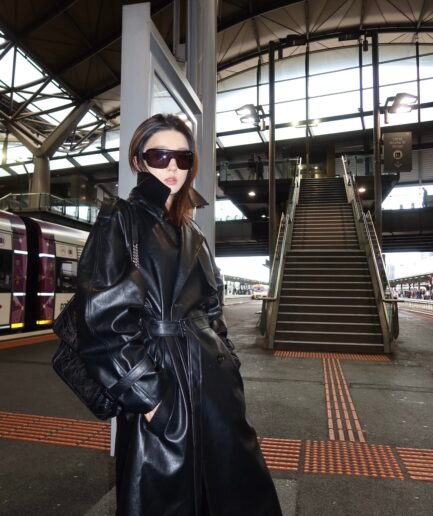 KHU Faux Leather Trench Coat- Black