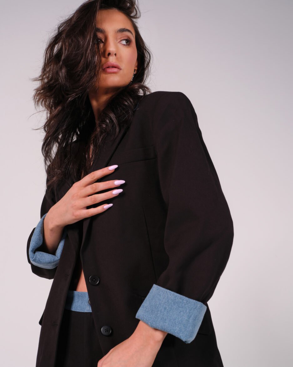 Black Blazer with Denim Trimmed Sleeves - ONE SIZE