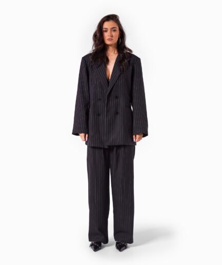 Black Pinstripe Double-Breasted Blazer BACK