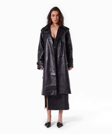 KH Faux Leather Trench Coat- Black