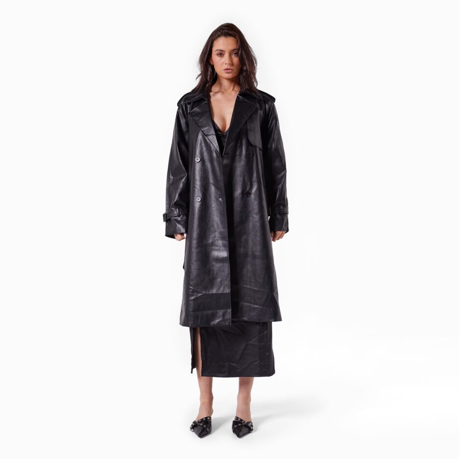 KH Faux Leather Trench Coat- Black