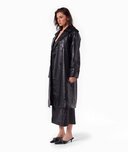 KH Faux Leather Trench Coat- Black