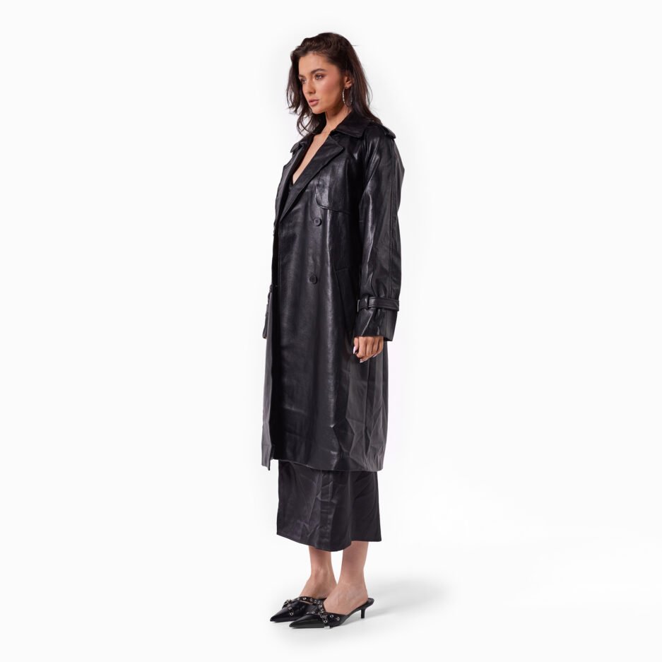 KH Faux Leather Trench Coat- Black