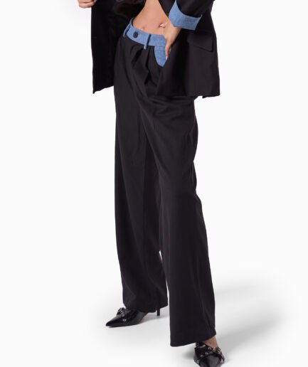 Denim-Contrast High-Waisted Wide-Leg Pants