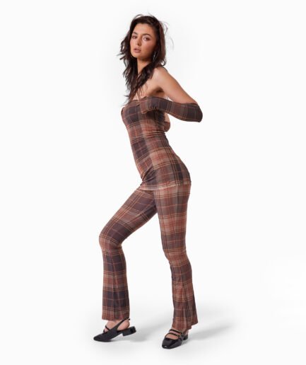 Brown Plaid Flared Pants