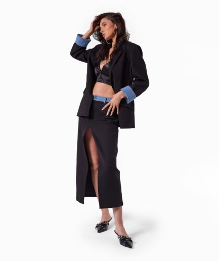 High-Waisted Black Skirt with Denim