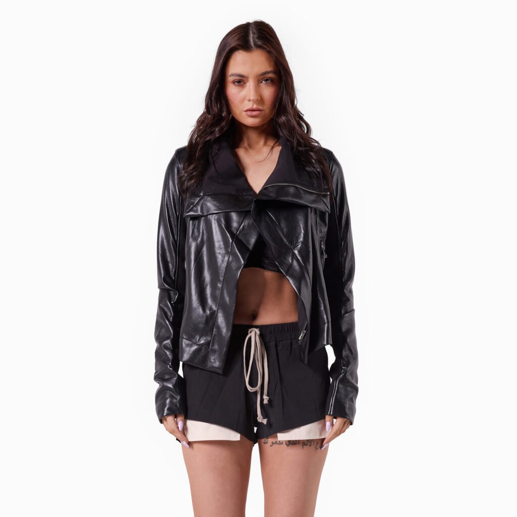 Black Faux Leather Asymmetrical Cropped Jacket