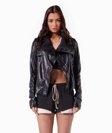 Black Faux Leather Asymmetrical Cropped Jacket