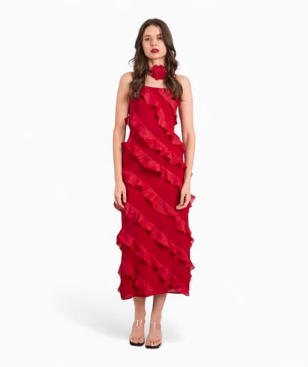 Bupbes Elegant Red Ruffled Halter Midi Dress